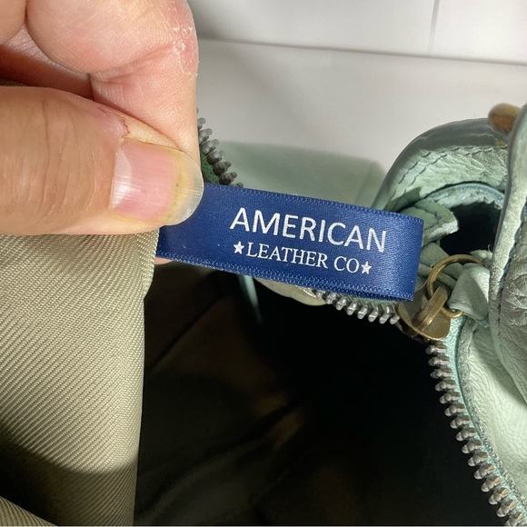 American Leather Company Leather Hanover Mint Green Two Front Zip Pockets Bag - Picture 3 of 15